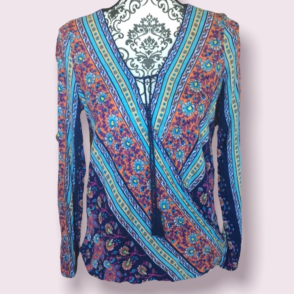 EUC RED CAMEL‎ Floral Paisley Tie Front Blouse XS